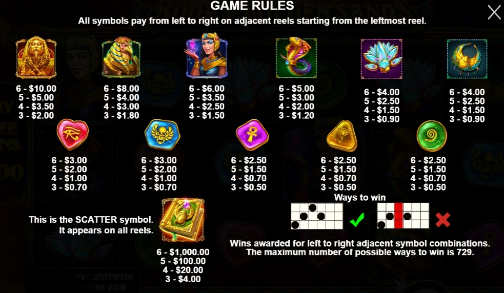 Jomkiss - Book of Golden Sands Slot - Paytable - jomkiss77.com